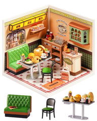 Rolife Super Creator Hong Kong Bites Cafe dollhouse kit for display.