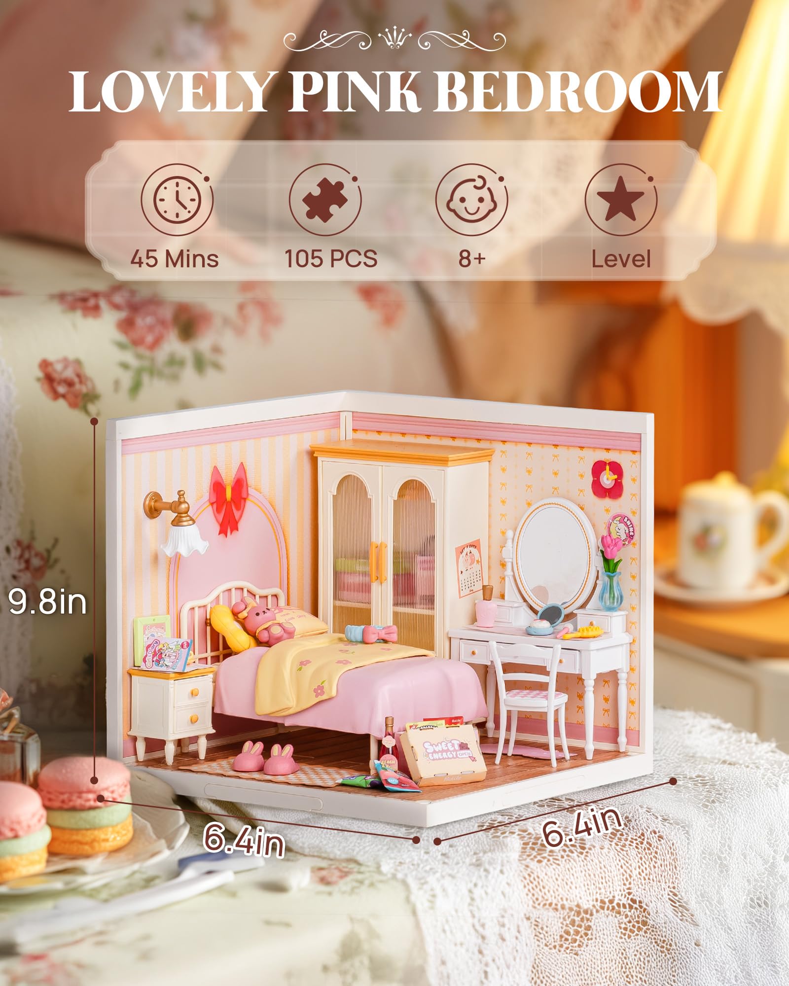 Rolife Pink Bedroom Decor pieces enhance tiny room charm and collectability.