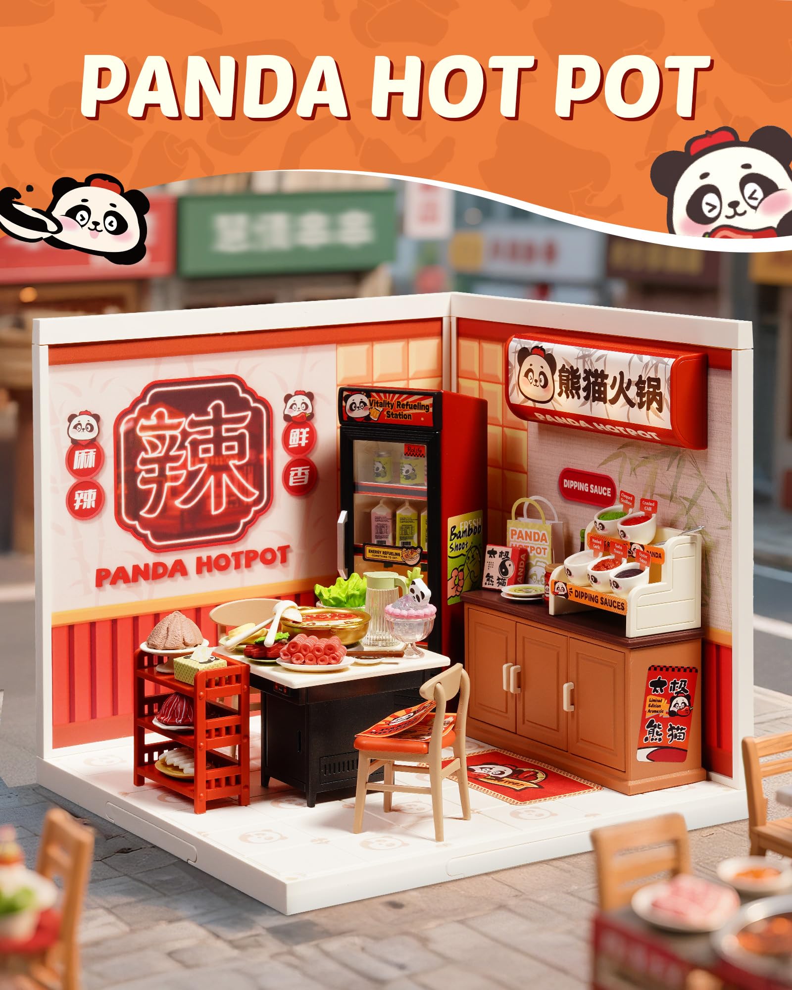 Rolife LED lighting enhances the panda hot pot scene with a magical glow after dark