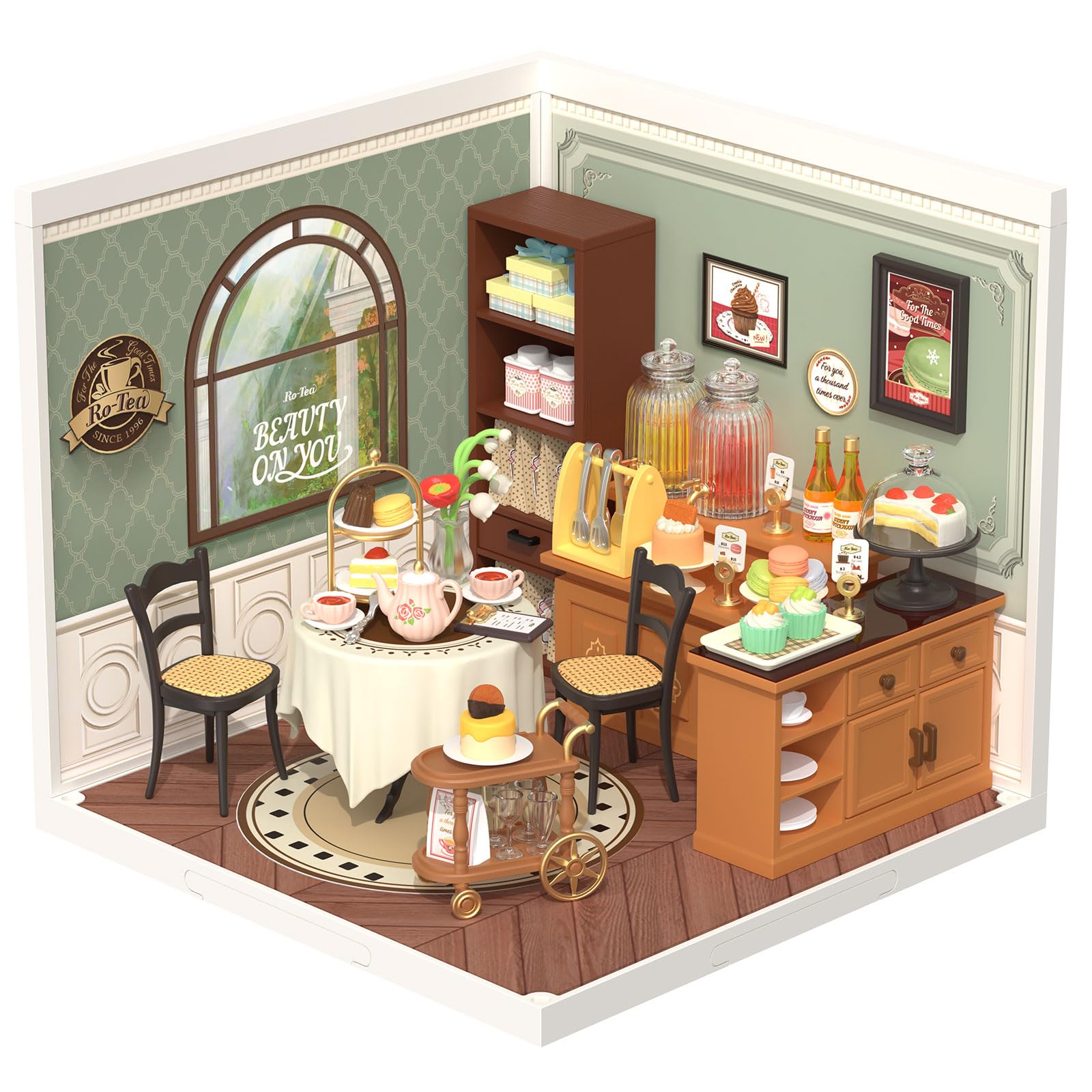 Rolife Sweet Sips Tea House diorama frame highlights compact display potential and collectability.