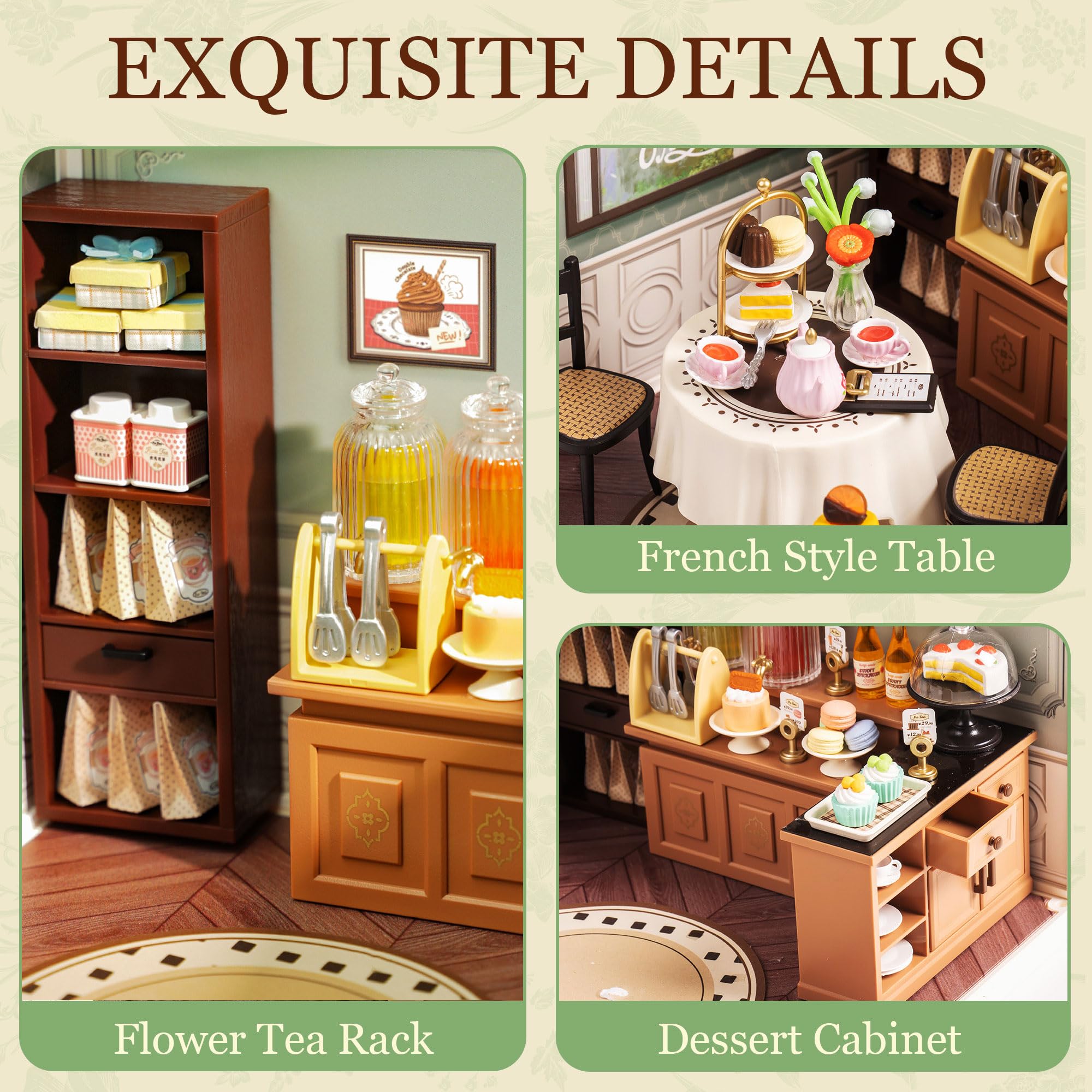 Rolife Sweet Sips Tea House internal furnishings deliver charming details for realistic tabletop dioramas.