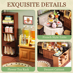 Rolife Sweet Sips Tea House internal furnishings deliver charming details for realistic tabletop dioramas.