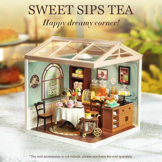Rolife Sweet Sips Tea House LED illumination emphasizes cozy ambience in a shelf scene.