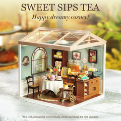 Rolife Sweet Sips Tea House LED illumination emphasizes cozy ambience in a shelf scene.