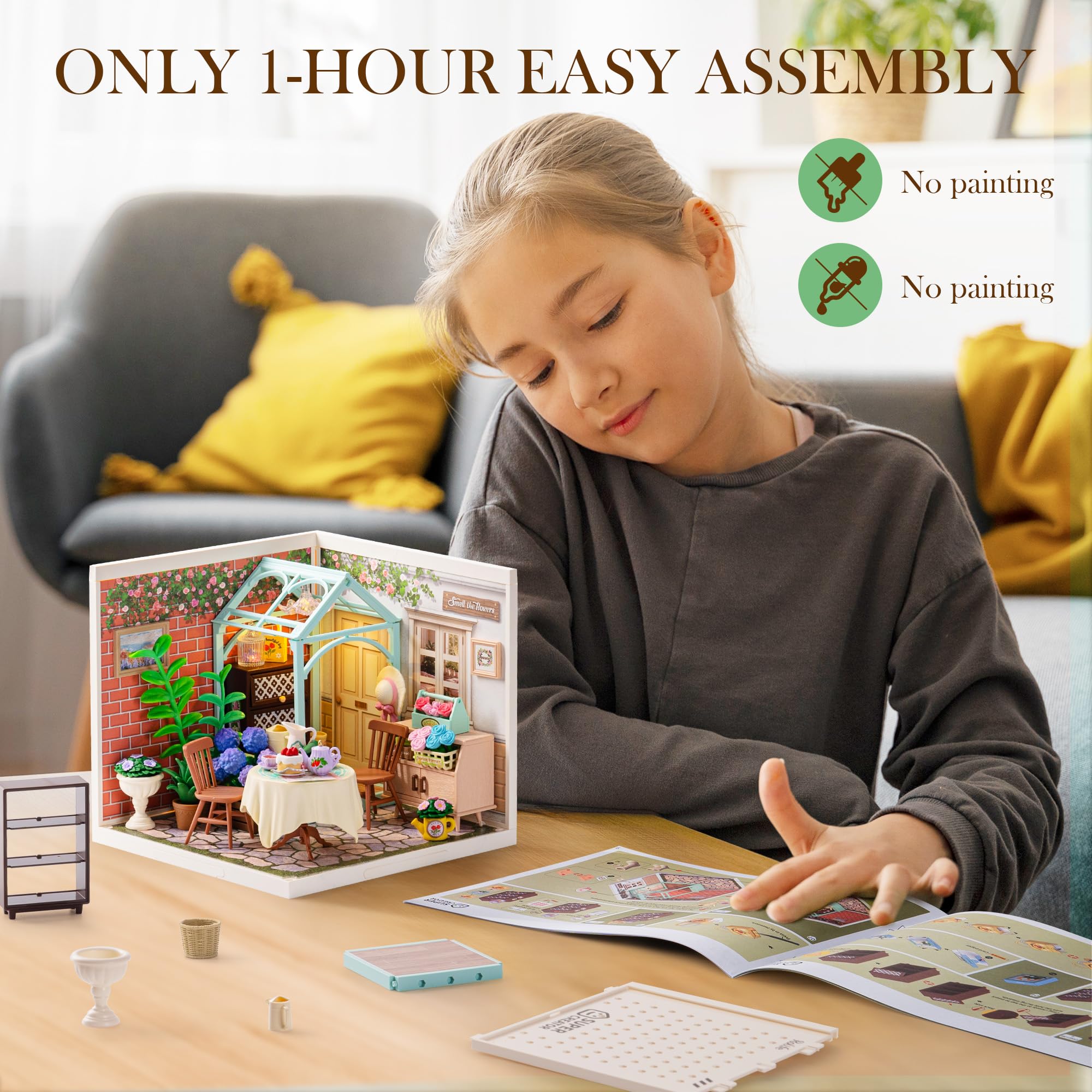 Rolife tea house model with lush garden for desk or shelf display.