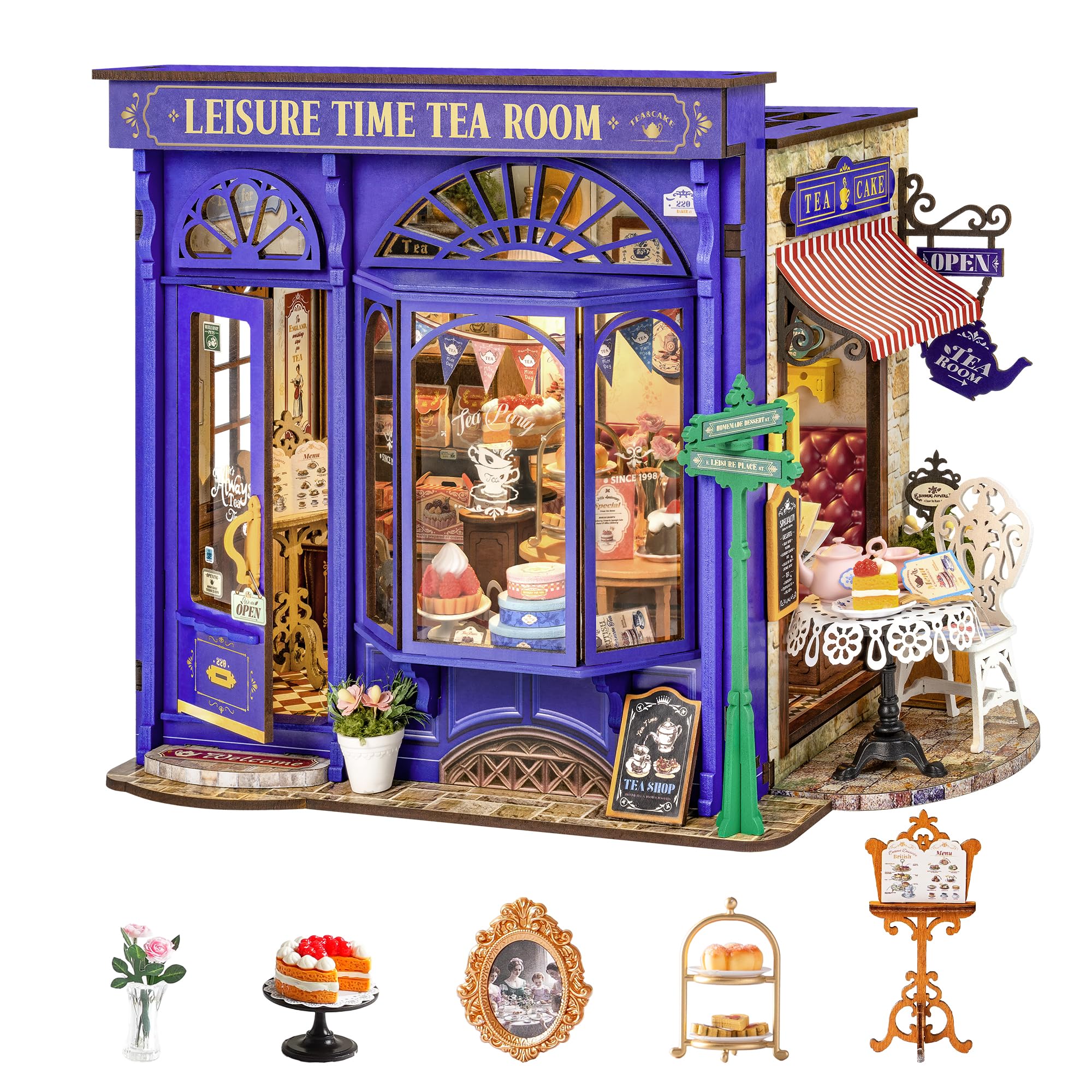 Rolife DIY miniature tea time nook shows intricate wood details for display