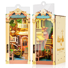 Rolife Venice booknook shelf scene shows canal view with gondolas for charming room ambiance.