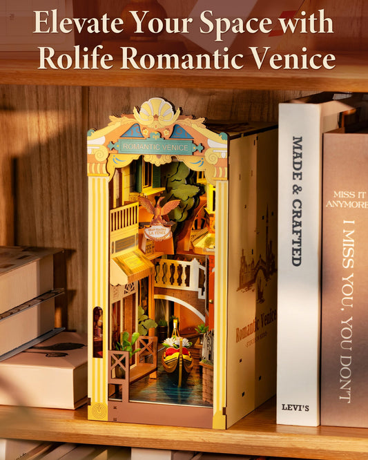 Rolife Venice gondola canal detail highlights intricate craftsmanship for a captivating display.