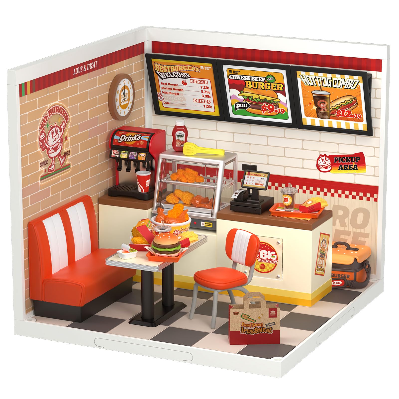 Rolife Yum Yum Burgers diorama assembly shows a detailed miniature restaurant setup