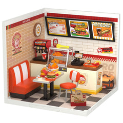 Rolife Yum Yum Burgers diorama assembly shows a detailed miniature restaurant setup