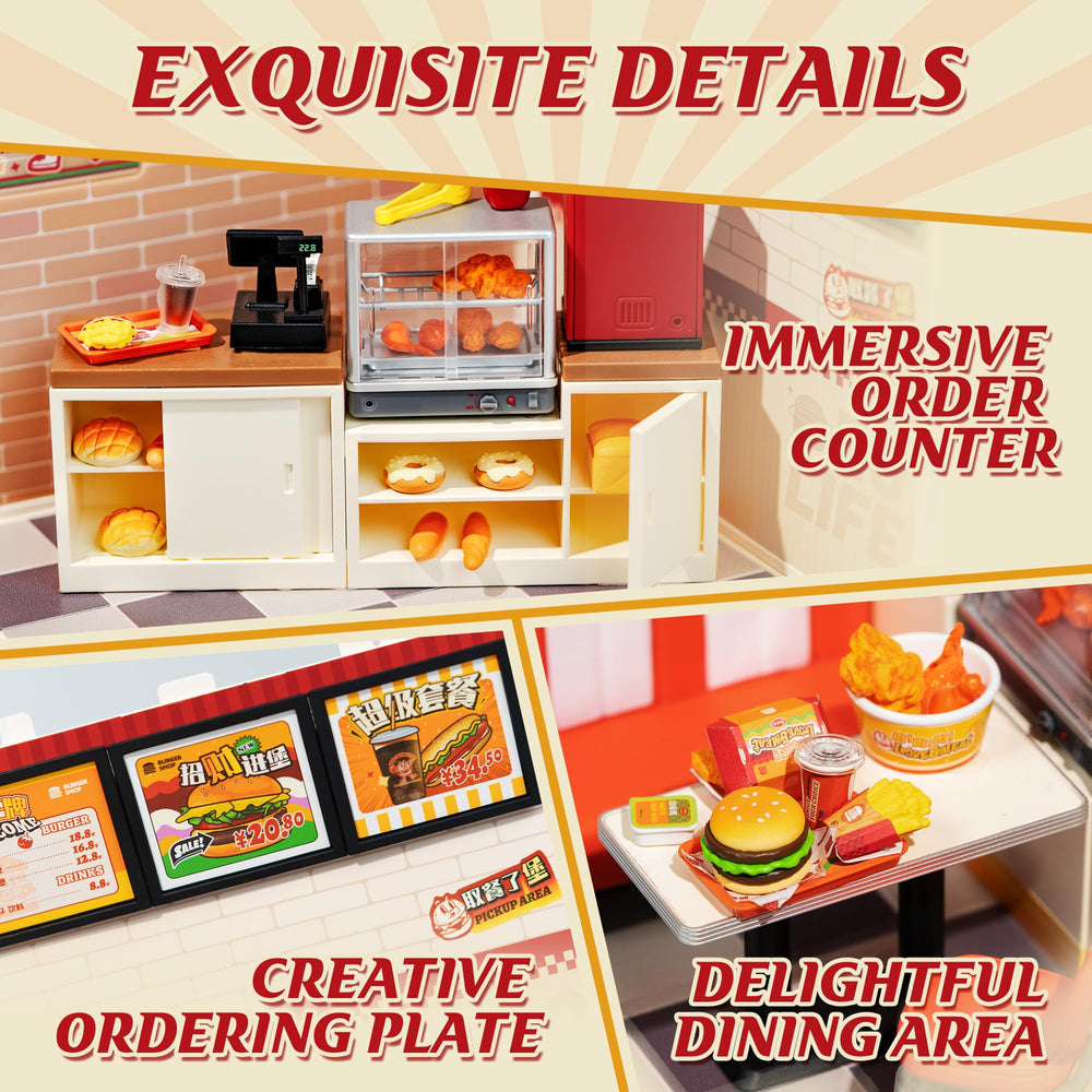 Rolife Yum Yum Burgers kit contents with 110 pieces ready to assemble