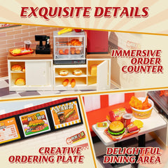 Rolife Yum Yum Burgers kit contents with 110 pieces ready to assemble