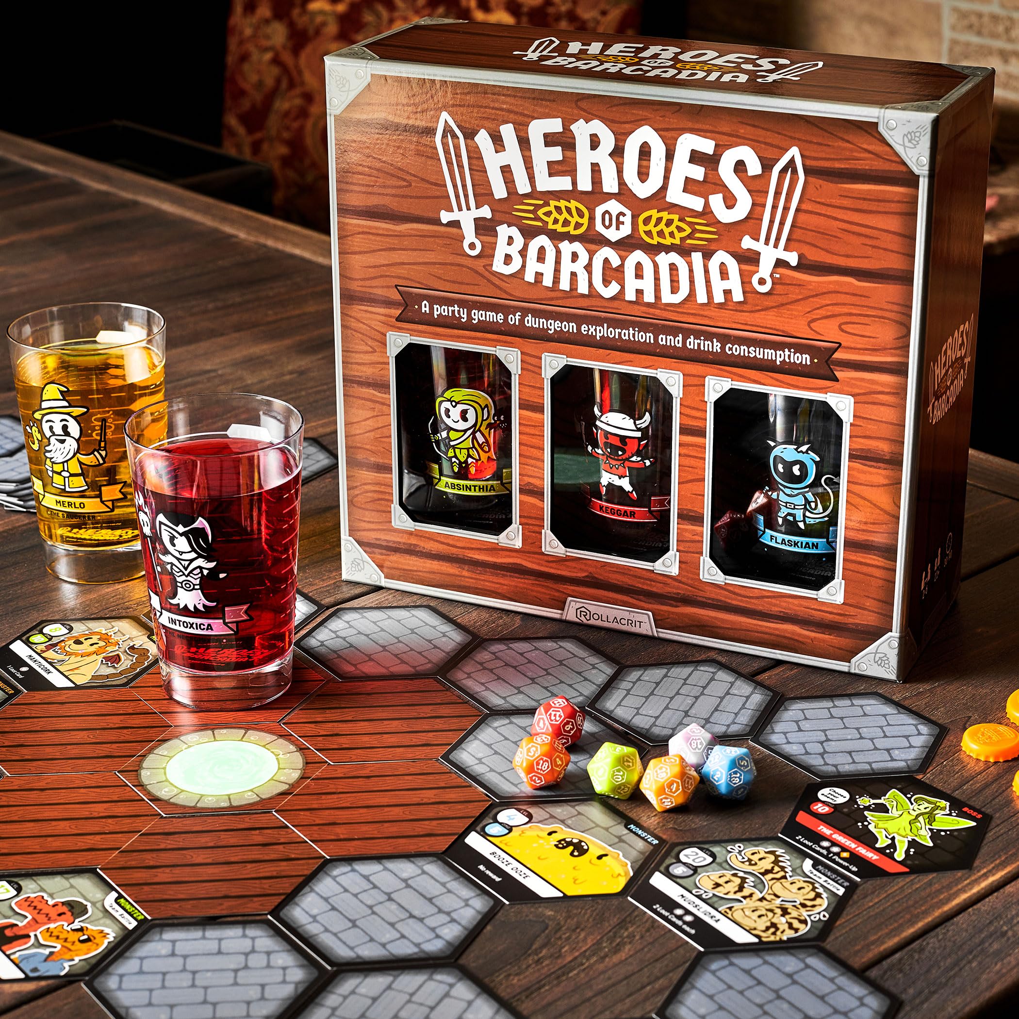 Heroes of Barcadia character cups keep health markers visible during play.