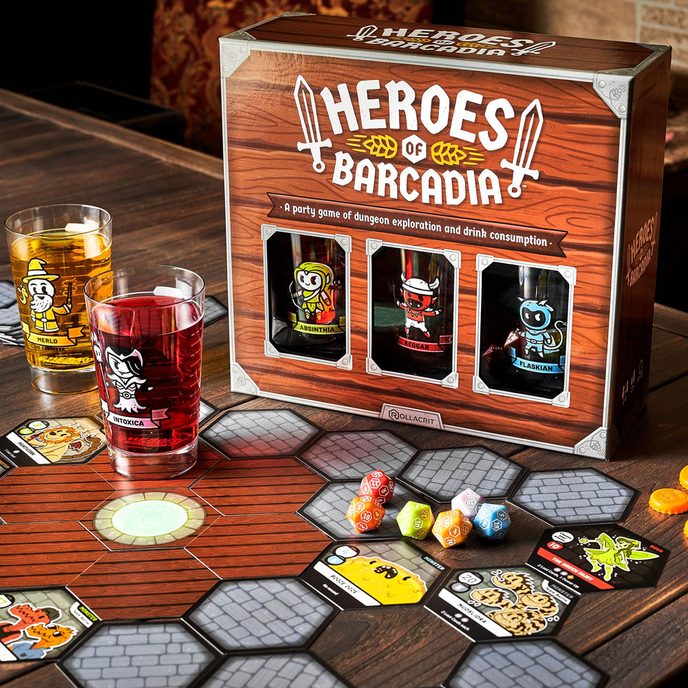 Heroes of Barcadia character cups keep health markers visible during play.