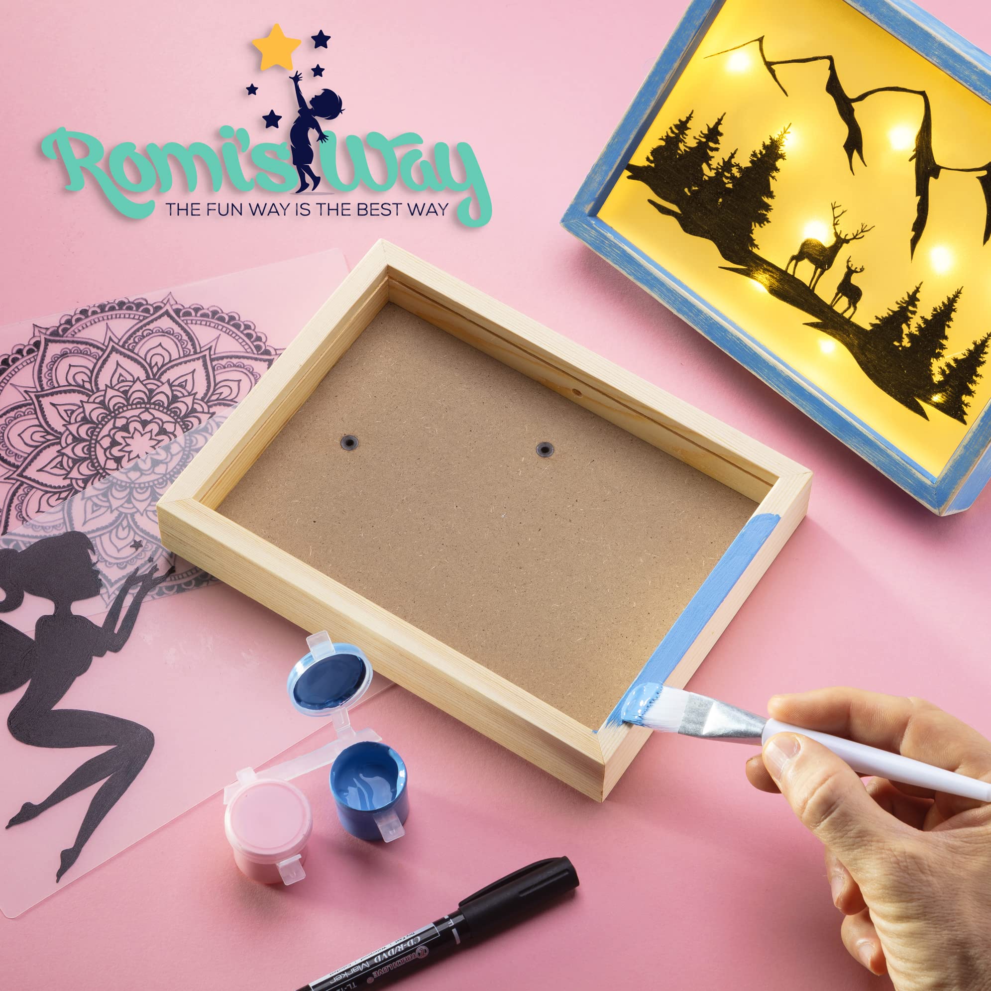 ROMI'S WAY DIY Frame Night Light idea cards spark imaginative themes for bedtime art