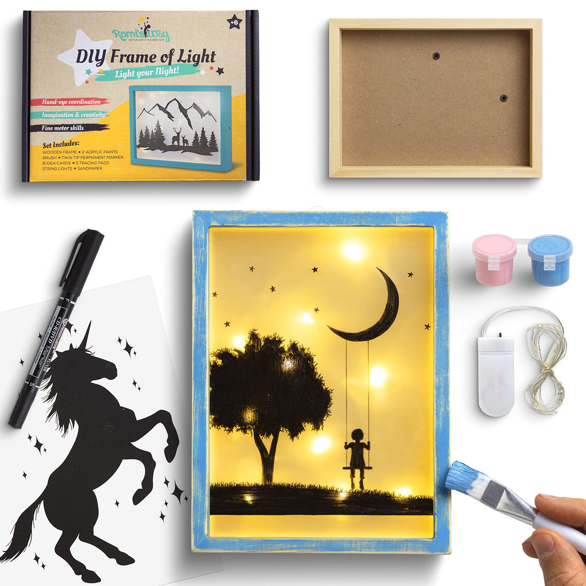 ROMI'S WAY DIY Frame Night Light wood frame with paints sparks creative play and fine motor skills
