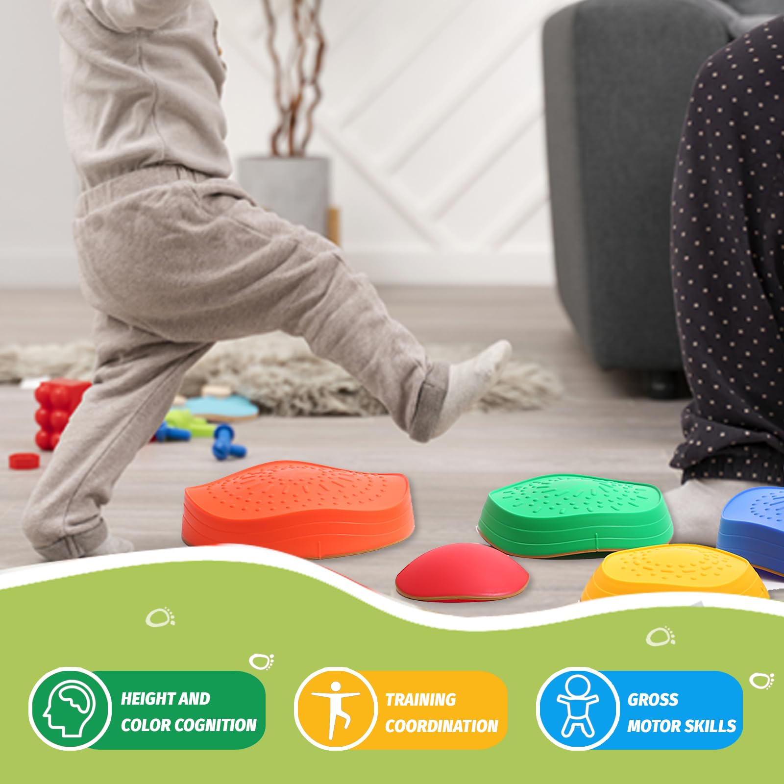 Romrex balance stones indoors on carpet creating a mini obstacle course