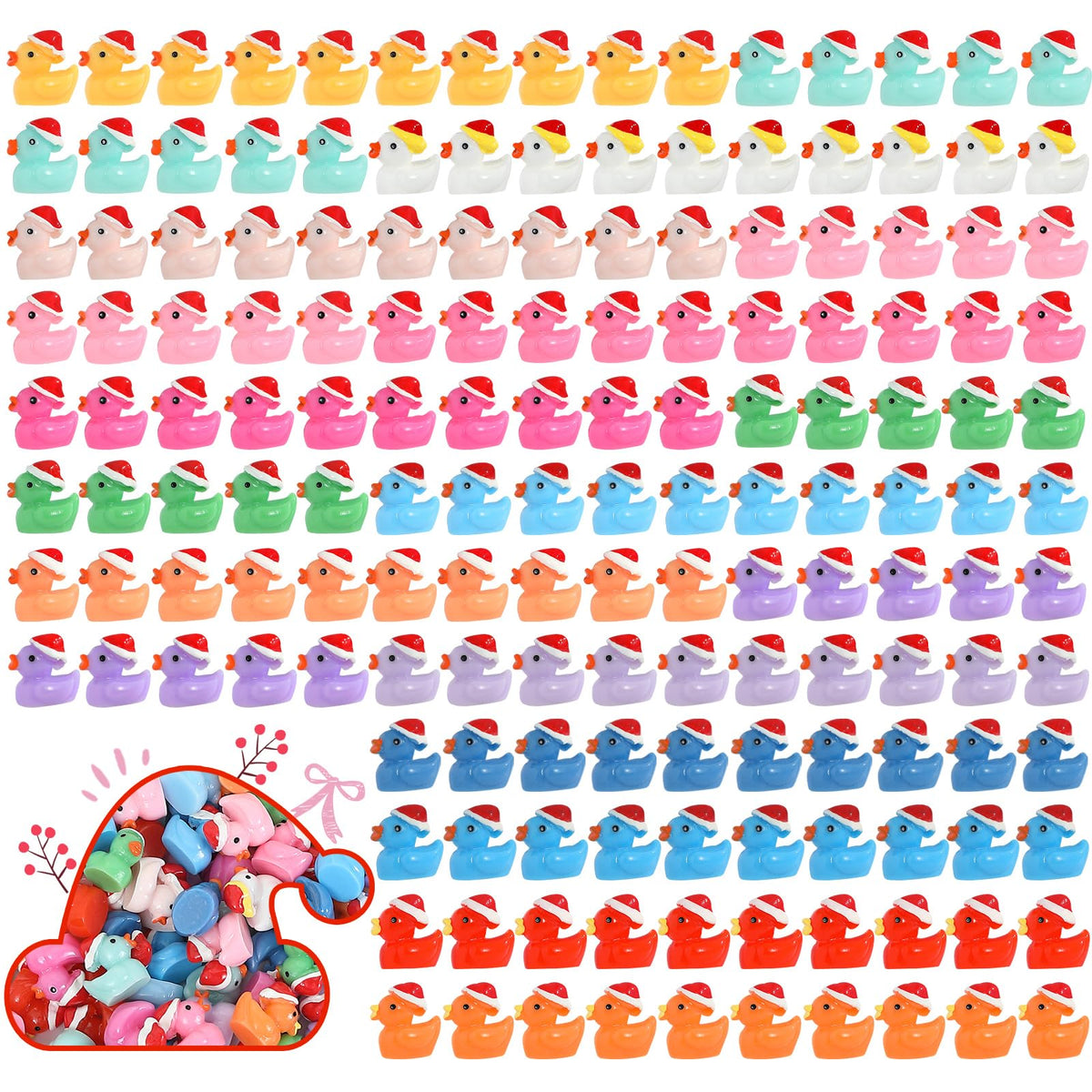 ROMROC 160pcs Christmas ducks pack shot showing colorful resin figures for festive DIY decor.