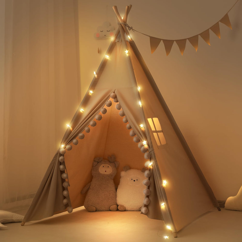 RONGFA Kids Teepee Tent with Lights creates a cozy indoor play space.