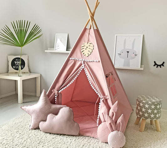 RONGFA Kids Teepee pink pom-pom closeup showcases soft canvas and playful decor for cozy playtime