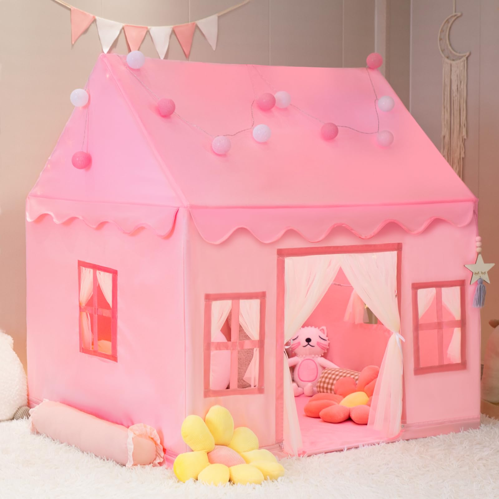 RONGFA large kids tent playhouse front view with star lights for indoor play