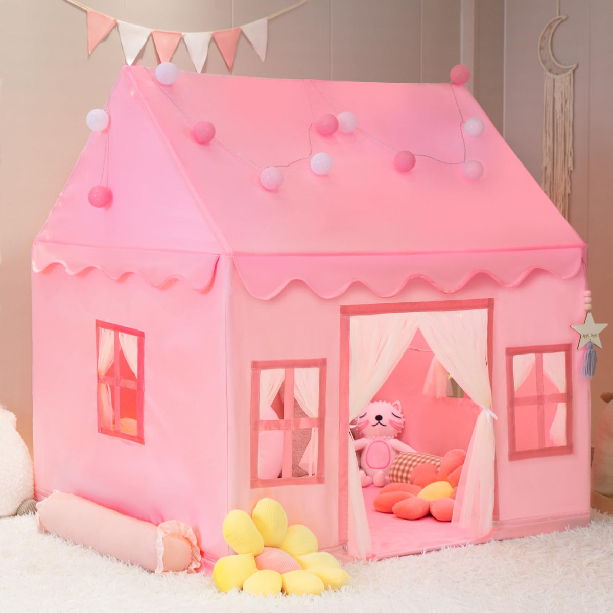 RONGFA large kids tent playhouse front view with star lights for indoor play
