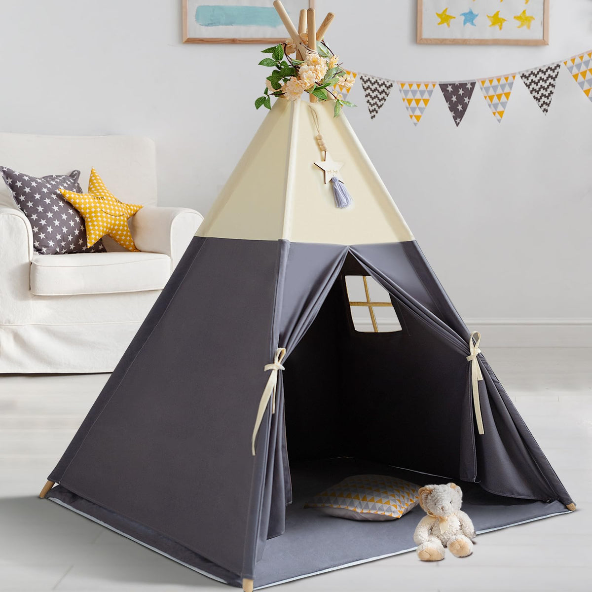 RONGFA Teepee Tent for Kids in beige gray with mat offers a cozy play space.