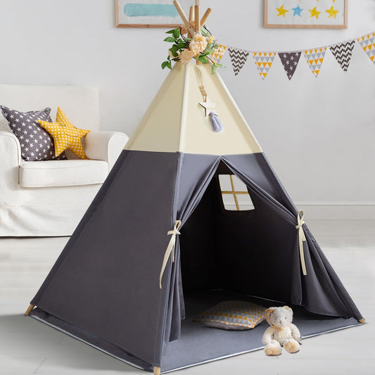 RONGFA Teepee Tent for Kids in beige gray with mat offers a cozy play space.
