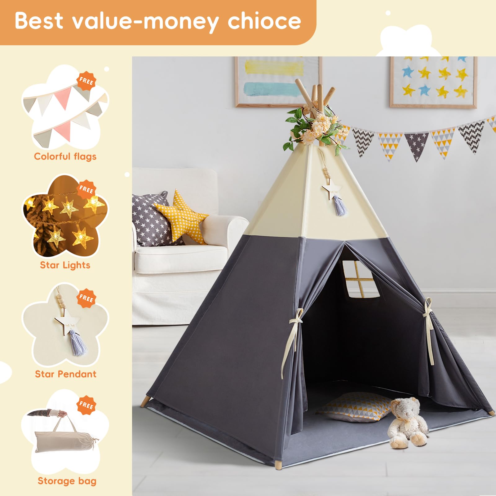 RONGFA Teepee Tent uses solid wood poles for a sturdy frame during active play.