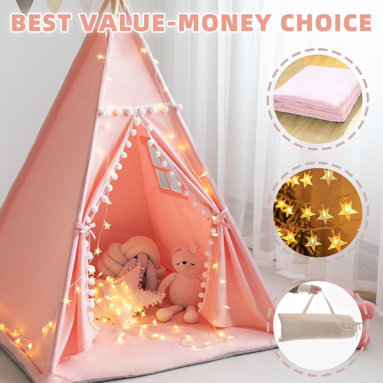 RONGFA Teepee Tent Pink wooden poles emphasize durable safety