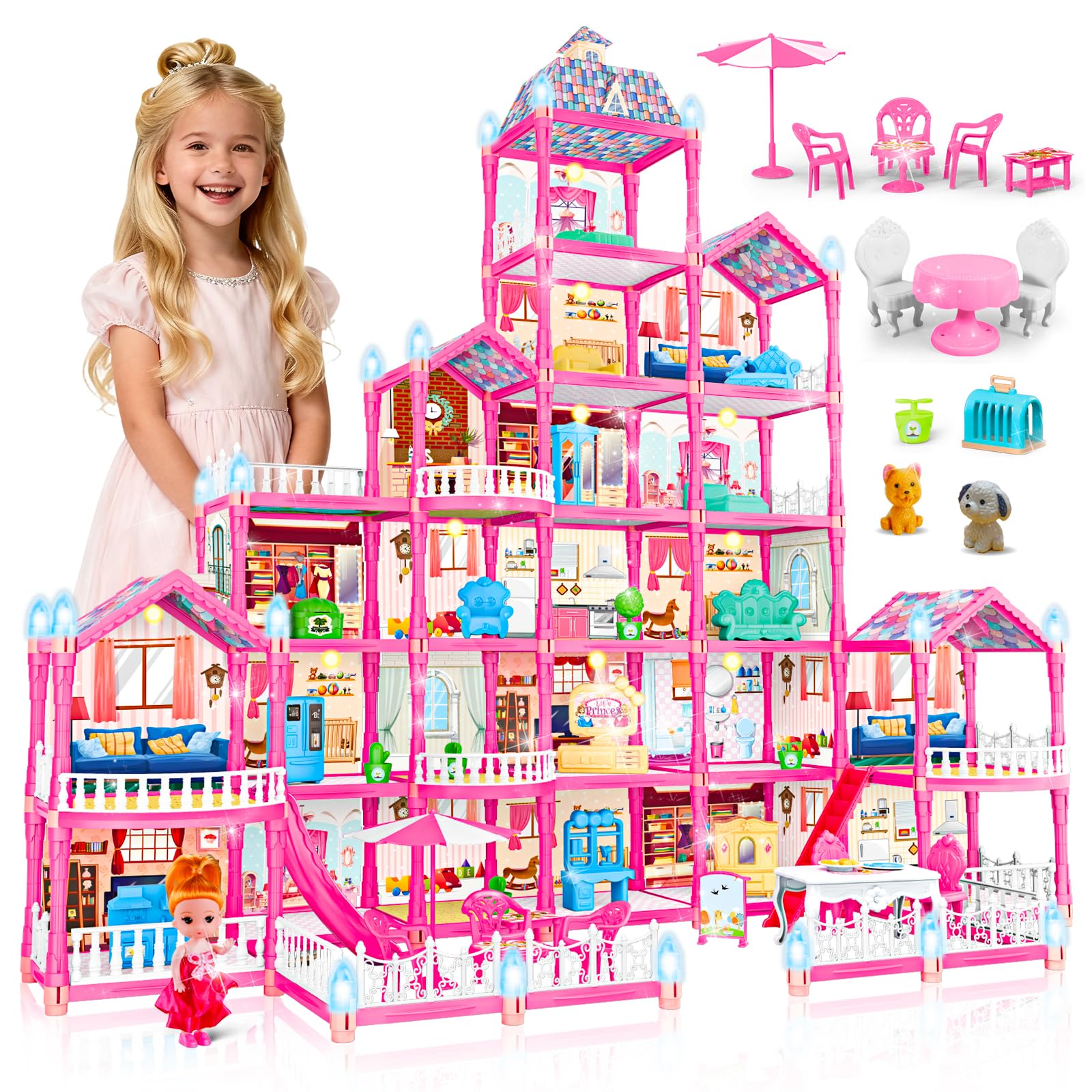 Rongmeiz 6-story doll house with glowing castle lights for imaginative play