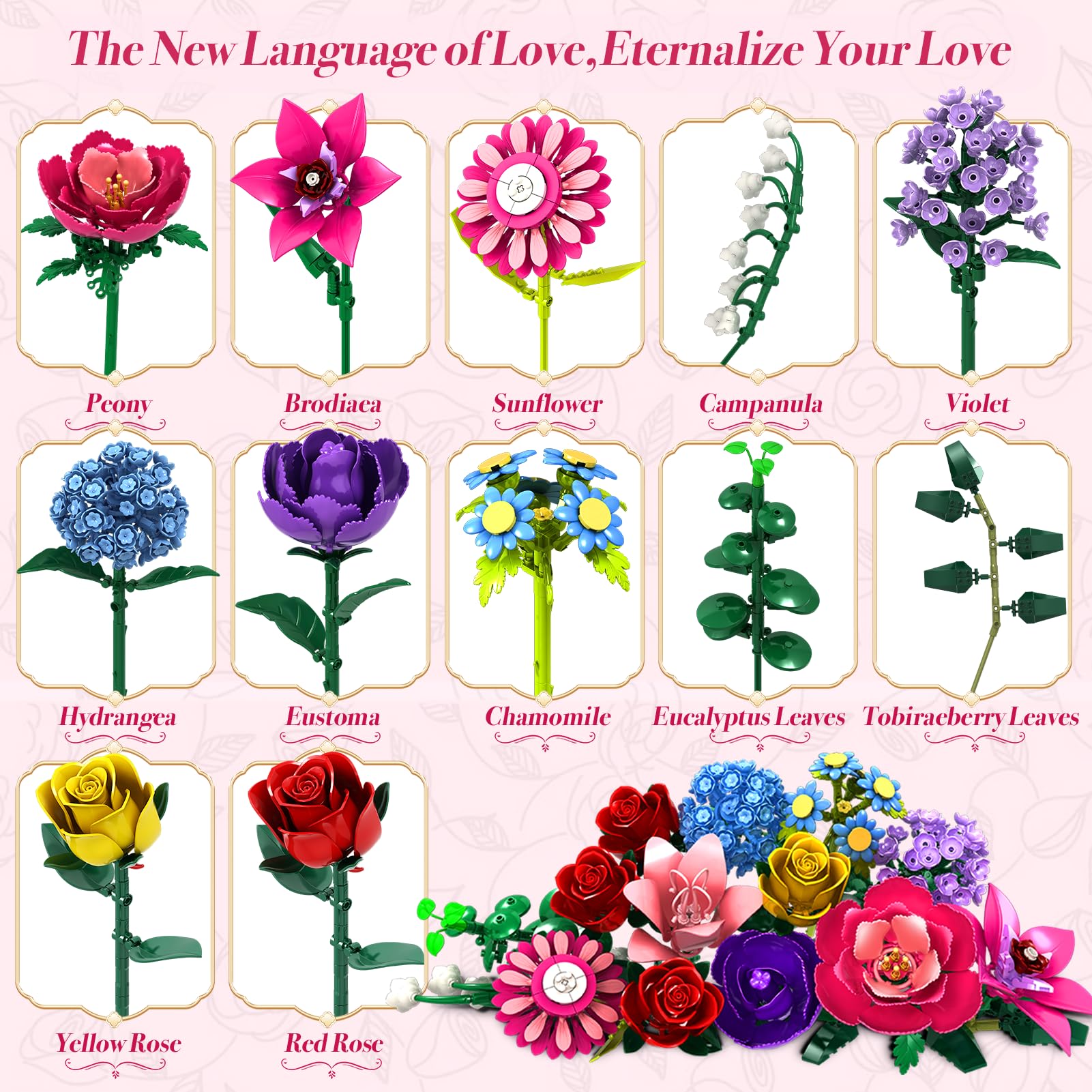 Rongmeiz Flower Bouquet Building Set – Adjustable petals and stems for customizable bouquets.