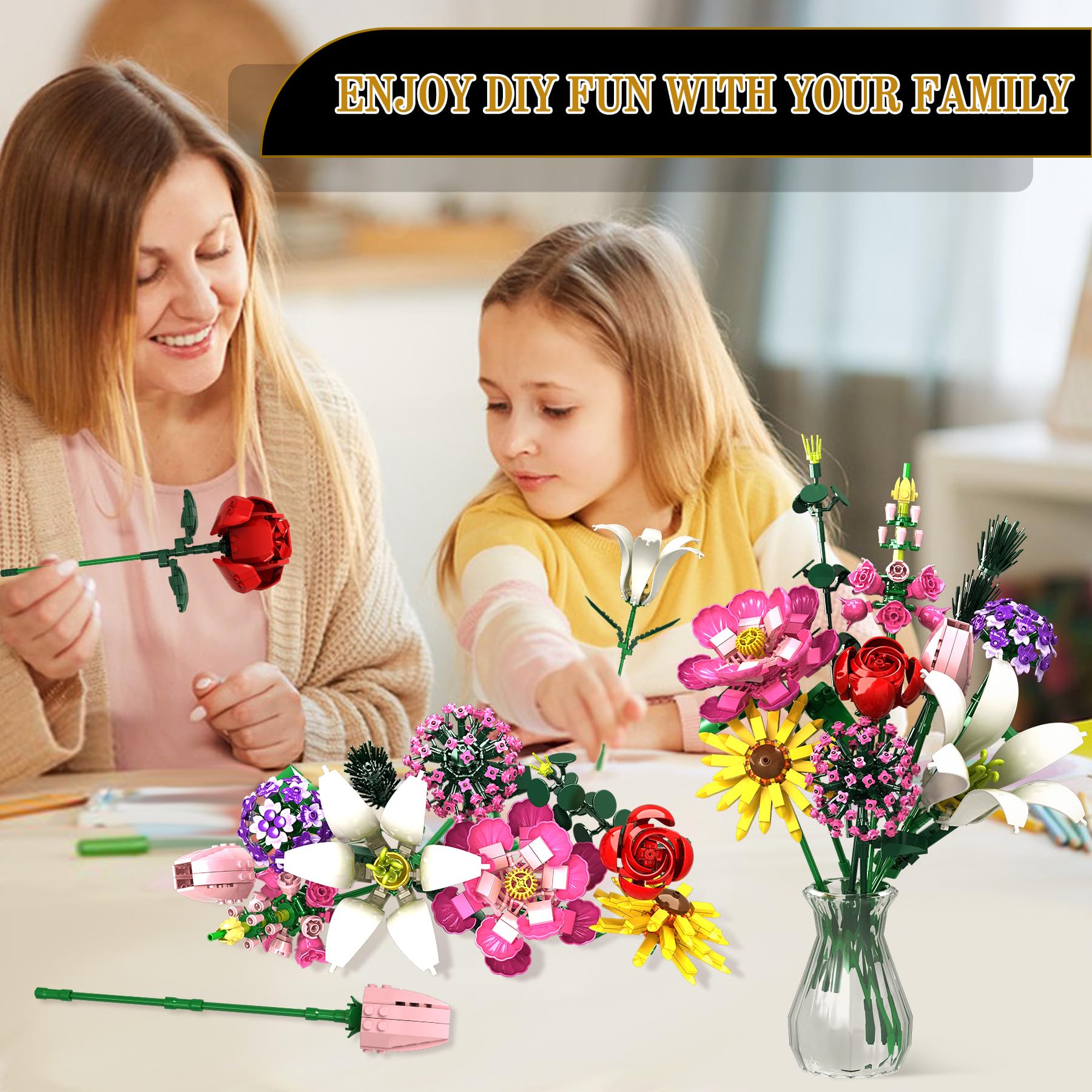 Rongmeiz Flower Building Kit peony detail adds vibrant decor for any room.