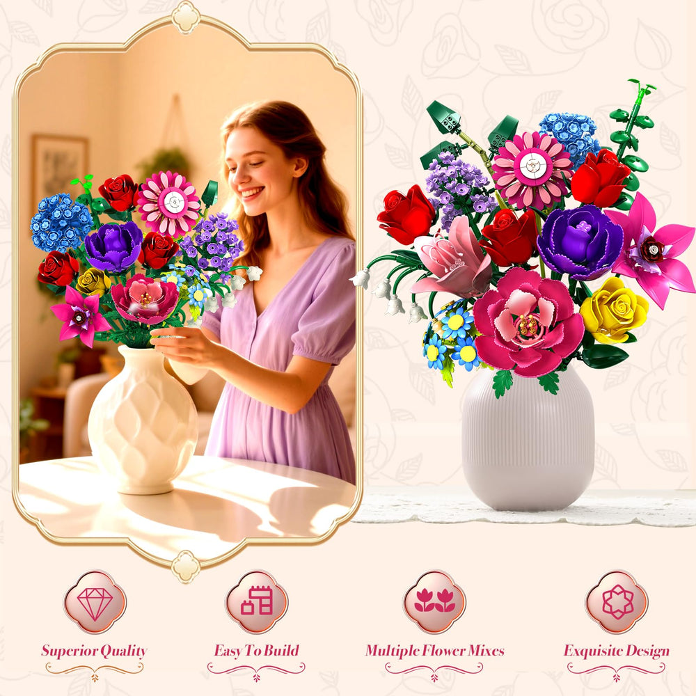 Rongmeiz Flower Bouquet Building Set – Lily and violet florals for textured color on shelves.