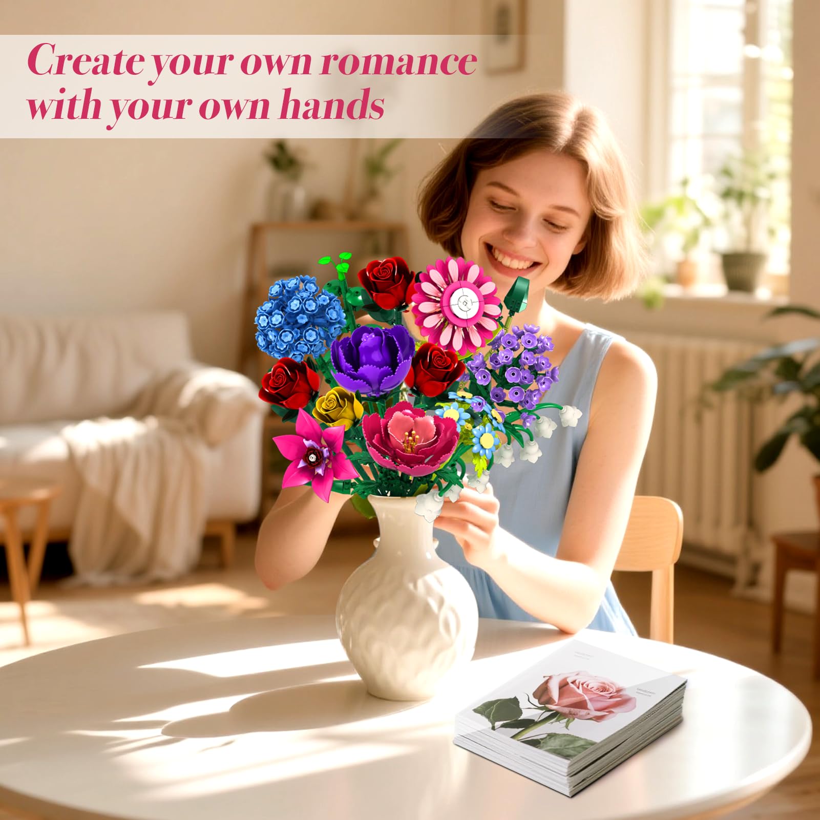 Rongmeiz Flower Bouquet Building Set – Red rose bloom, perfect centerpiece for dining table.