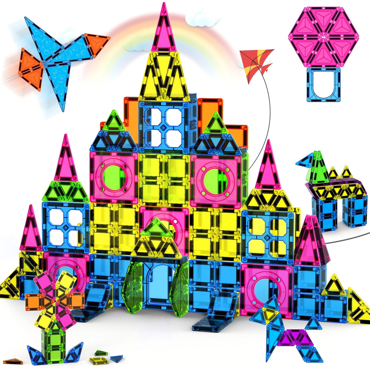 Ronqs 250pcs magnetic tiles set with vibrant pieces for creative building.