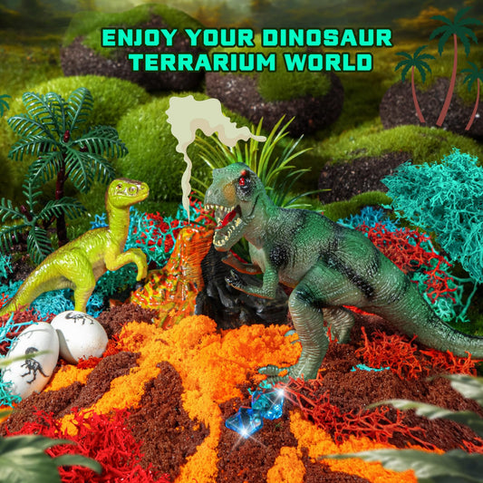 RONSTONE dinosaur terrarium kit assembly scene for creative building and storytelling in a kid's room.