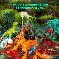 RONSTONE dinosaur terrarium kit assembly scene for creative building and storytelling in a kid's room.