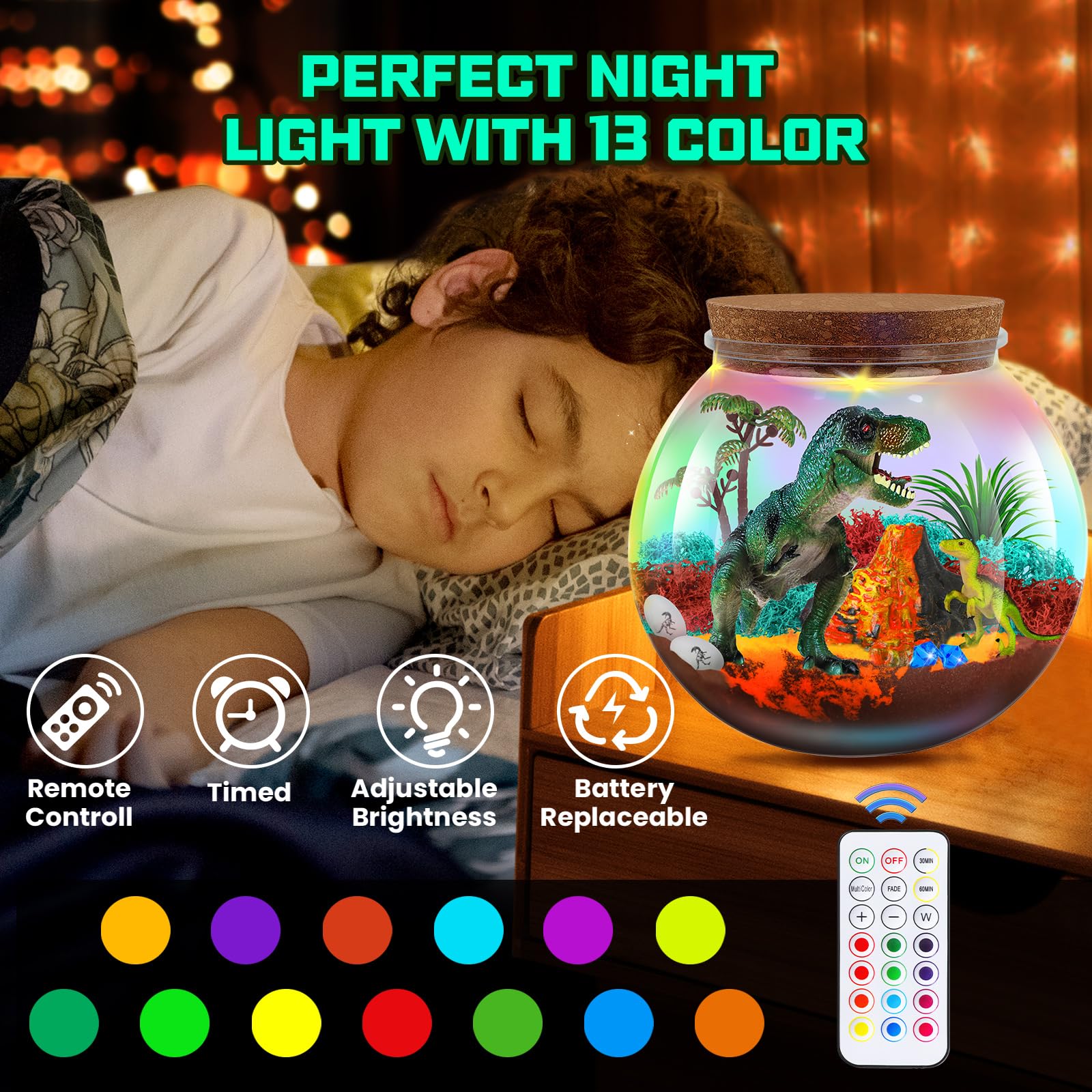 RONSTONE dinosaur terrarium night-light demonstrates 13-color LED glow for bedtime ambiance.