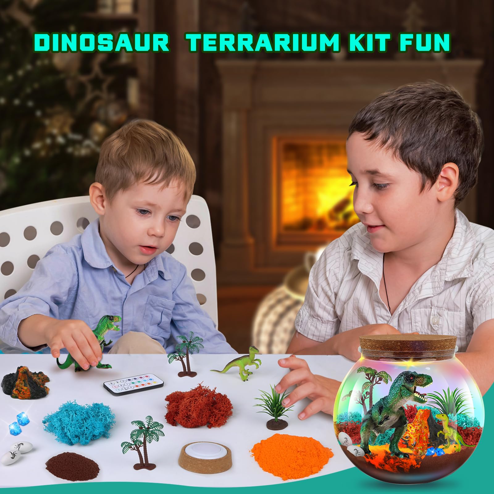 RONSTONE dinosaur terrarium remote control highlights easy color changes and setup.