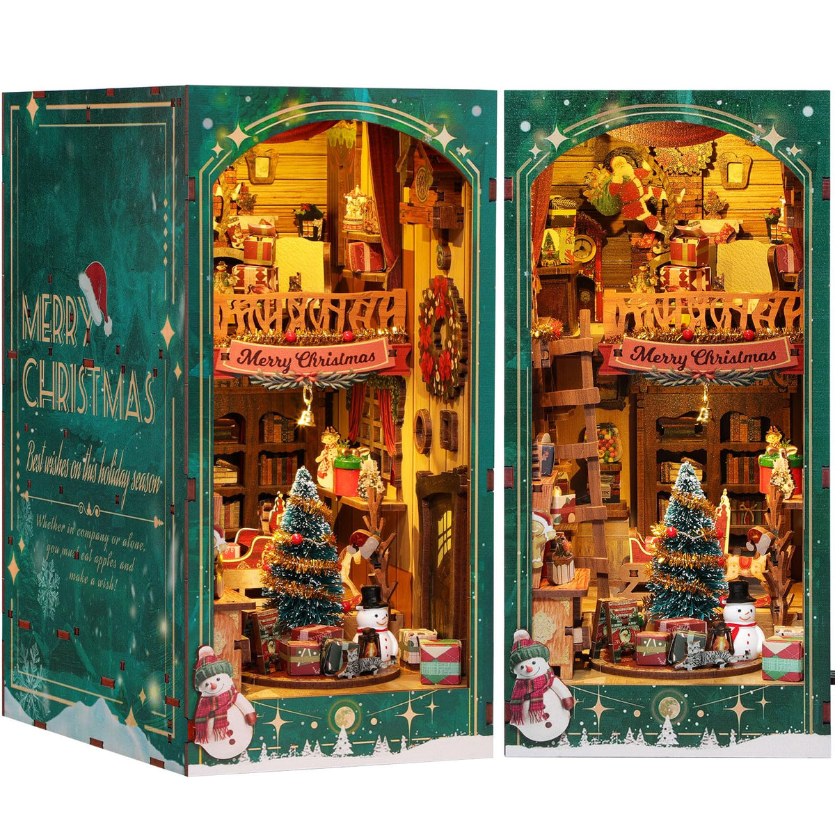 RONSTONE DIY Book Nook Kit showcases a Christmas cottage with LED glow for cozy bookshelf displays.