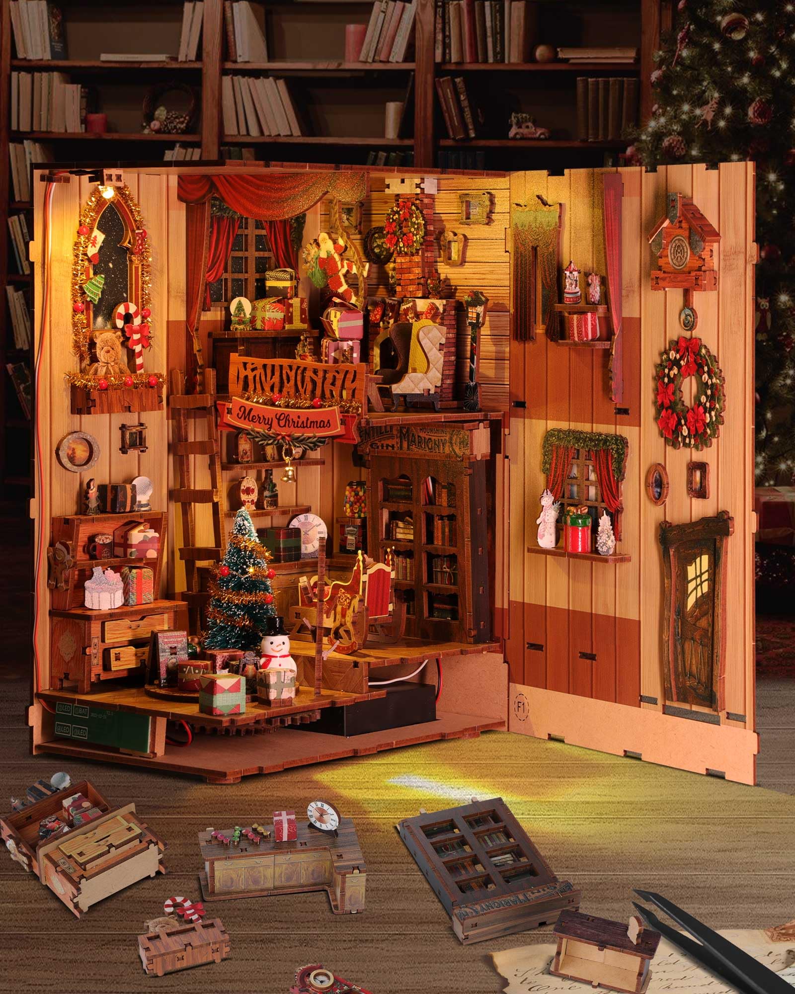RONSTONE DIY Book Nook Kit Christmas tree detail adds warm ambiance to any room.