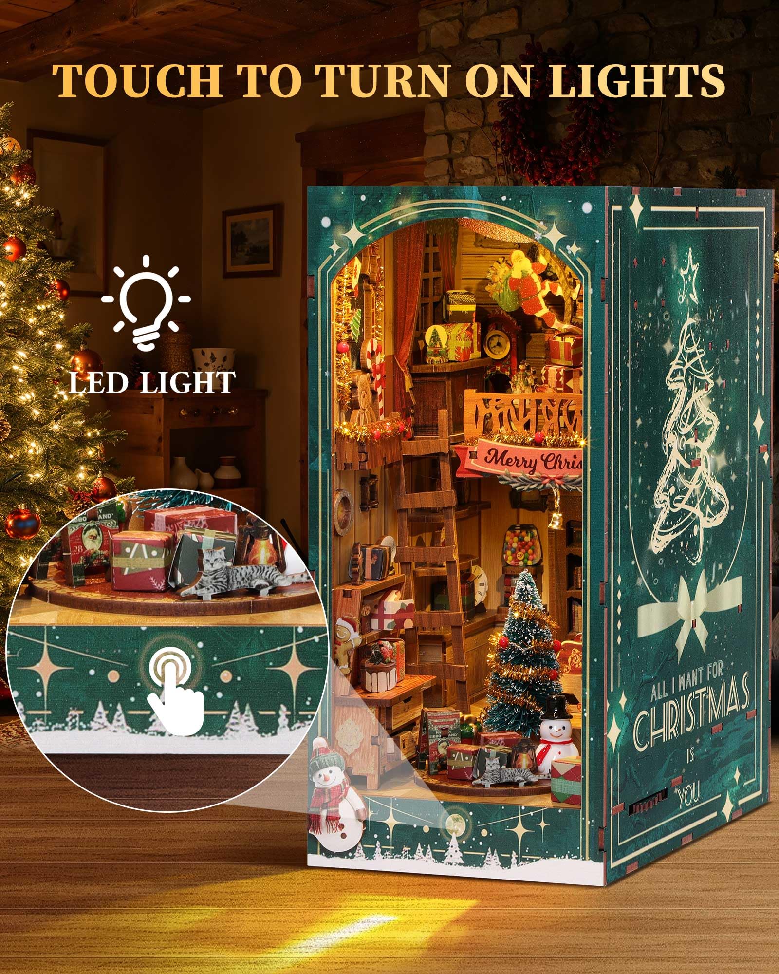 RONSTONE DIY Book Nook Kit snow figure detail enhances festive shelf charm.