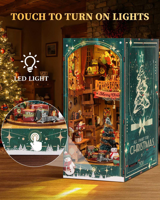 RONSTONE DIY Book Nook Kit snow figure detail enhances festive shelf charm.