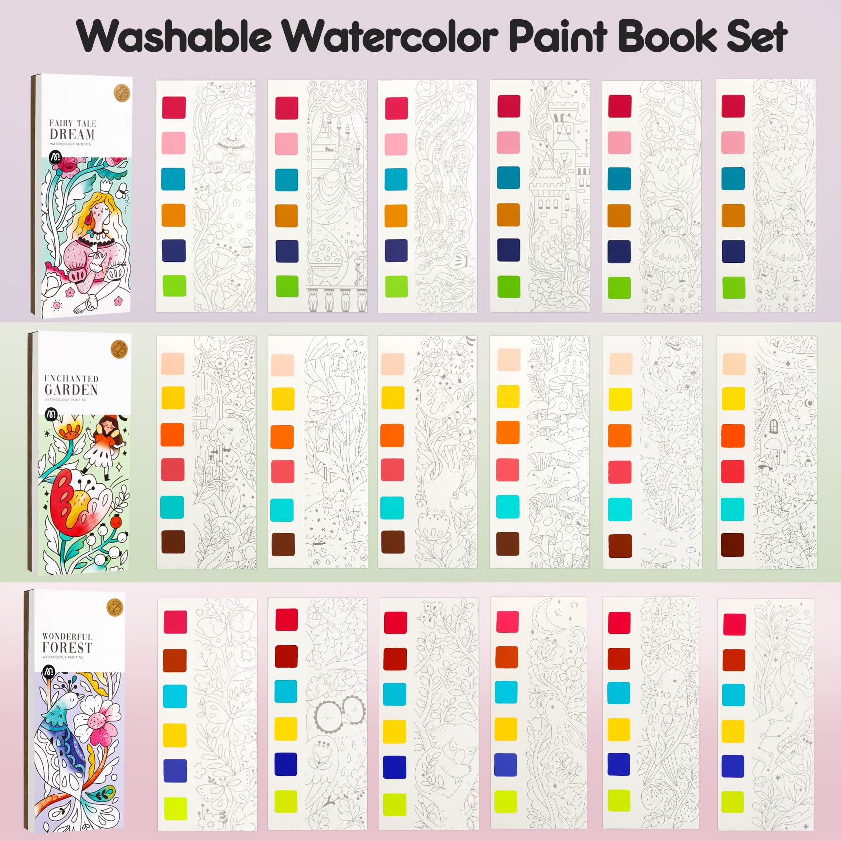 ROOCHKD three-theme watercolor coloring book covers showcase imaginative story-inspired art
