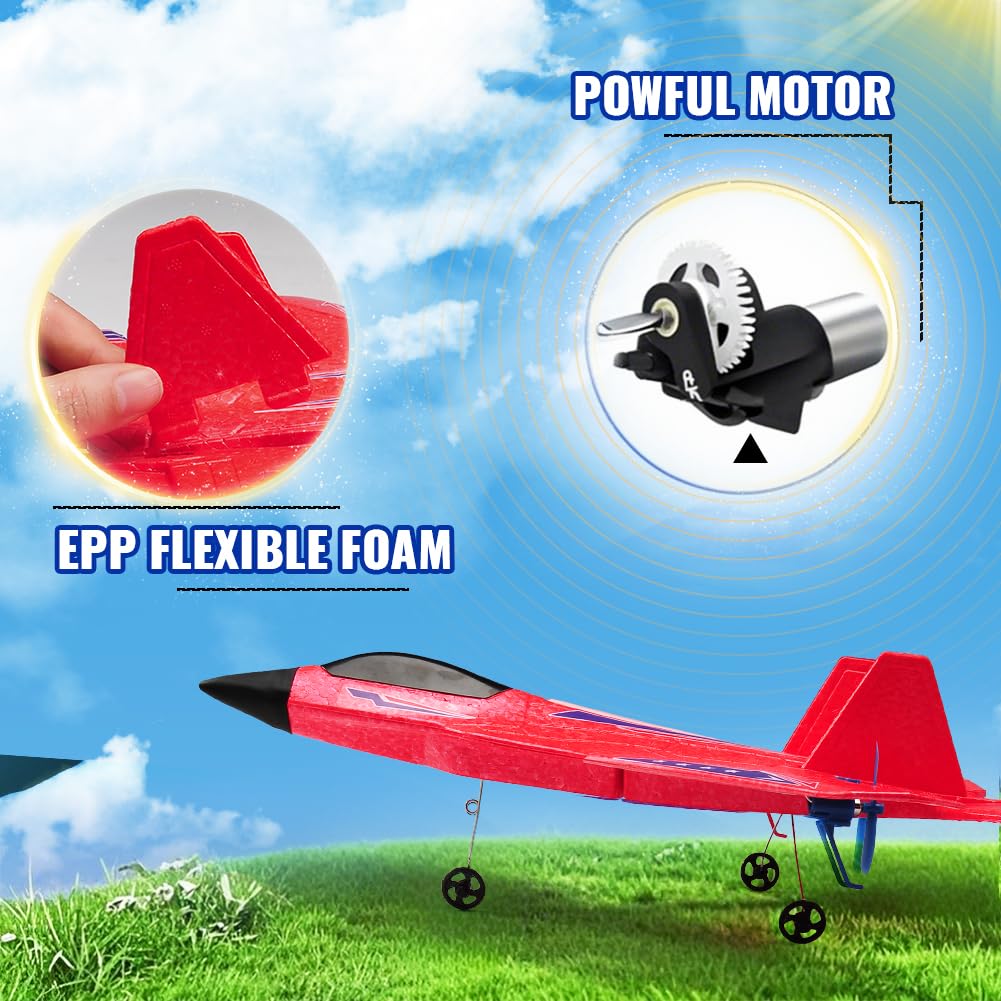 RoofWorld red RC plane F-22 in flight demonstrates gyro stability and smooth cruising.