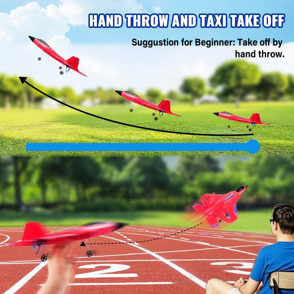 RoofWorld red RC plane F-22 landing gear enables gentle takeoffs and landings.