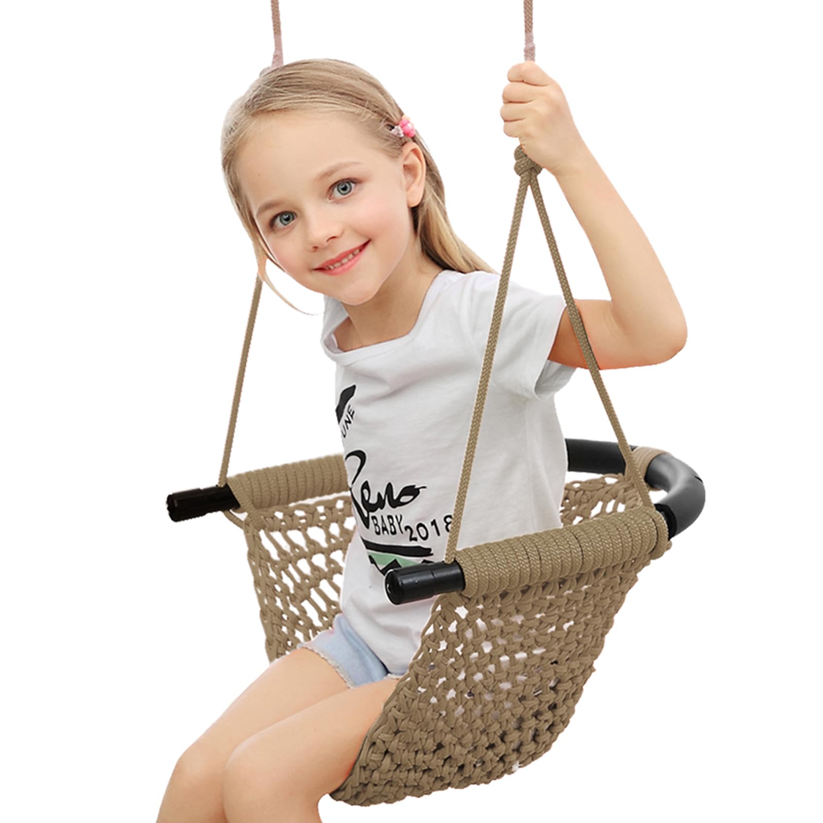 ROPECUBE hand-knitting toddler swing seat delivers breathable comfort for curious kids.