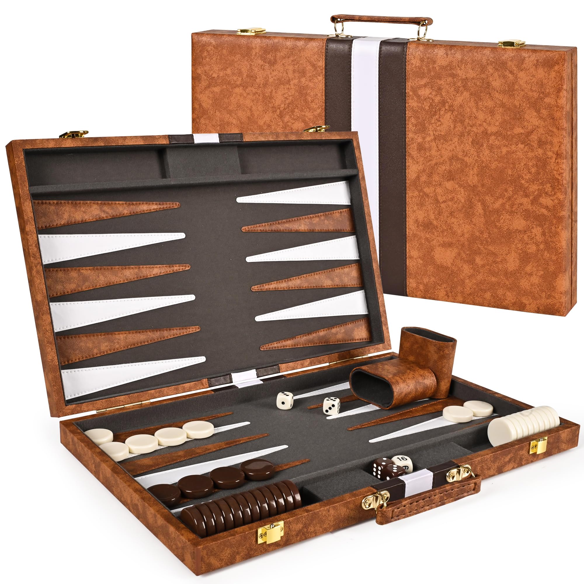 Ropoda backgammon board with closed premium leather case for travel.