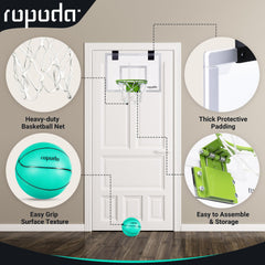 ROPODA mini basketball hoop includes four balls and a pump for continuous play